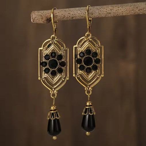 Vintage Black Onyx Drop Earrings in Gold