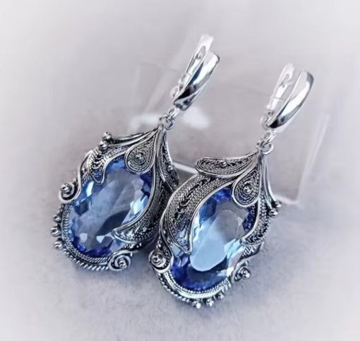 Vintage Silver Filigree Earrings with Blue Crystal