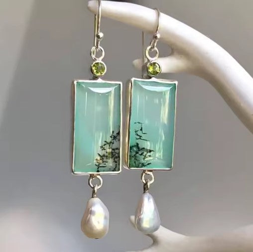 Green Moss Agate Rectangle Earrings with Pearl Drops