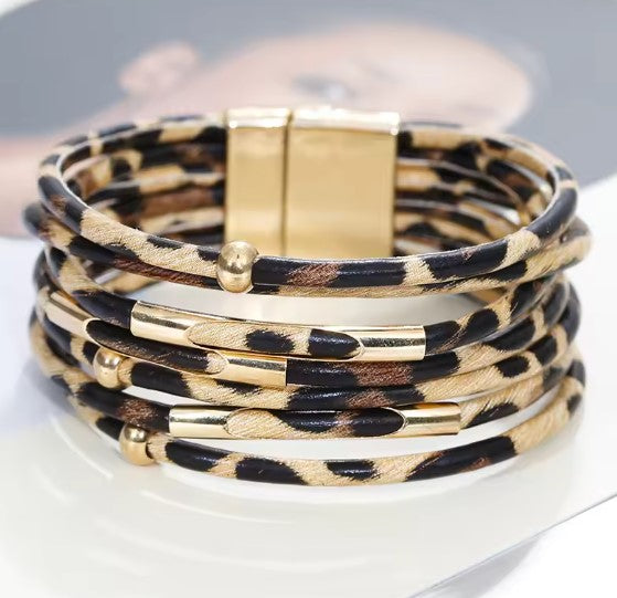 Leopard Print Wrap Bracelet with Gold Accents