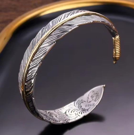 Feather-Inspired Silver and Gold Cuff Bracelet