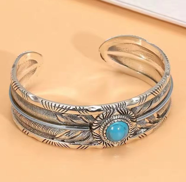 Vintage Silver Feather Cuff Bracelet with Turquoise Accent
