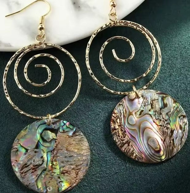 Golden Spiral Earrings with Abalone Shell Discs