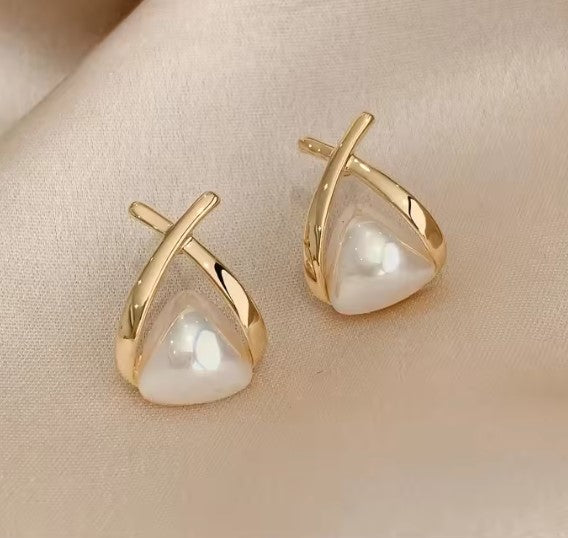 Modern Gold Arc Pearl Stud Earrings