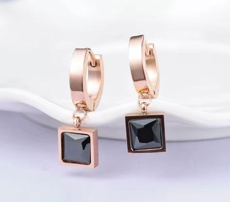 Rose Gold Hoop Earrings with Black Square Accent