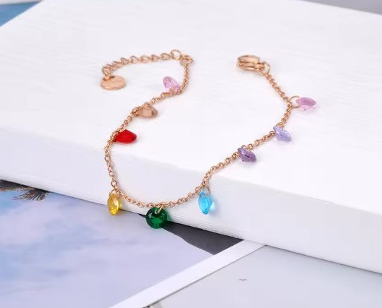 Rose Gold Chain Bracelet with Multicolor Crystal Charms