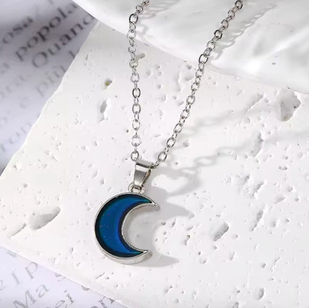 Celestial Crescent Moon Necklace in Silver with Blue Enamel