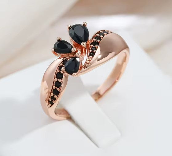 Butterfly Black Stone Ring in Rose Gold Tone