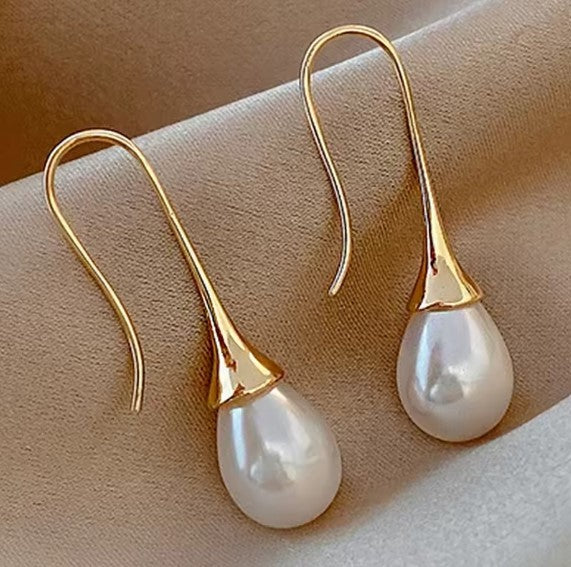 Gold Color Drop Earrings with Teardrop Pearls