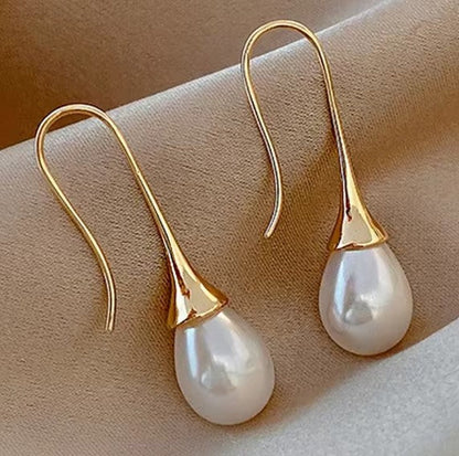 Gold Color Drop Earrings with Teardrop Pearls