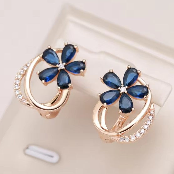 Floral Clip Earrings with Blue Petals and Crystal Arc