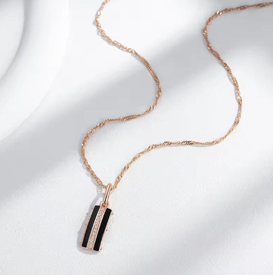 Black &amp; Crystal Bar Pendant Necklace in Rose Gold