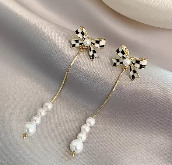 Bow Pearl Drop Earrings in Gold with Checkered Ribbon