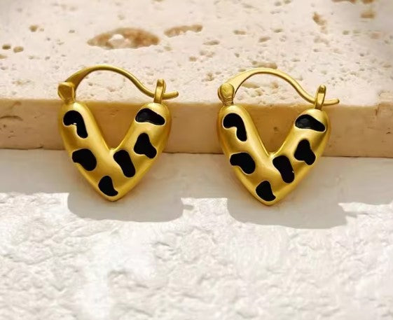 Leopard Pattern Heart-Shaped Earrings in Gold Tone