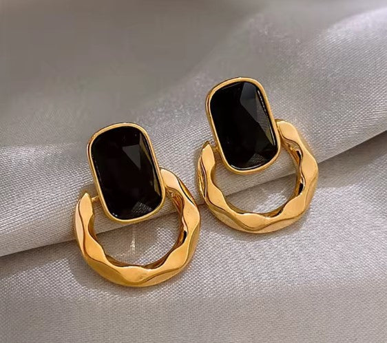 Black Stone Hoop Earrings in Gold