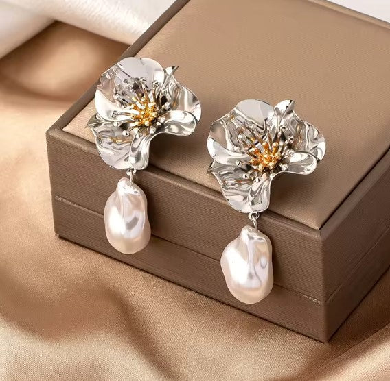 Silver Blossom Earrings with Baroque Pearl Drops