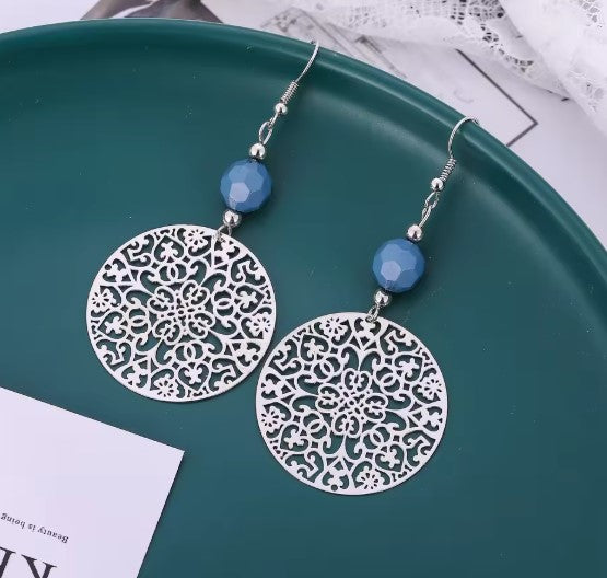 Filigree Circle Earrings with Faceted Blue Bead