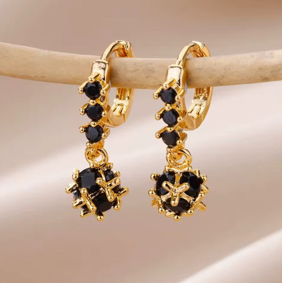 Black Stone Drop Earrings in Gold Tone