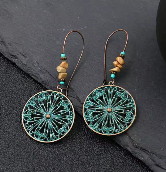 Bohemian Filigree Drop Earrings with Turquoise and Earthy Beads