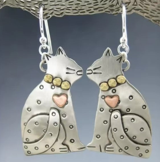 Cat Silhouette Earrings with Heart and Gold-Tone Collar