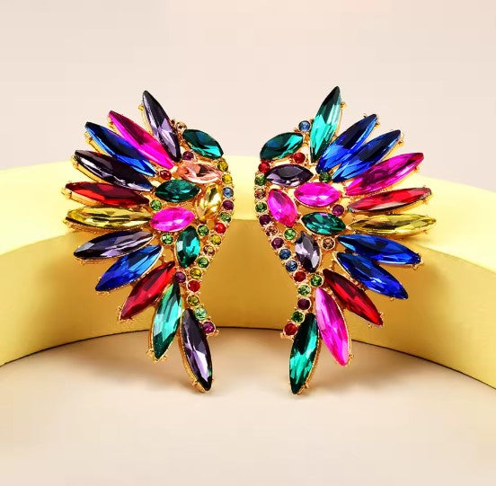 Wing-Shaped Earrings with Multicolor Crystal Feathers