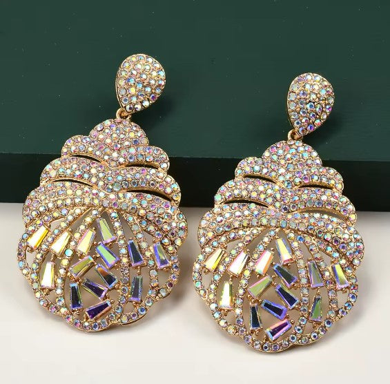 Vintage Shell Statement Earrings with Iridescent Crystals