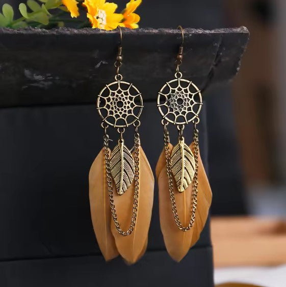 Dreamcatcher Feather Earrings in Antique Gold