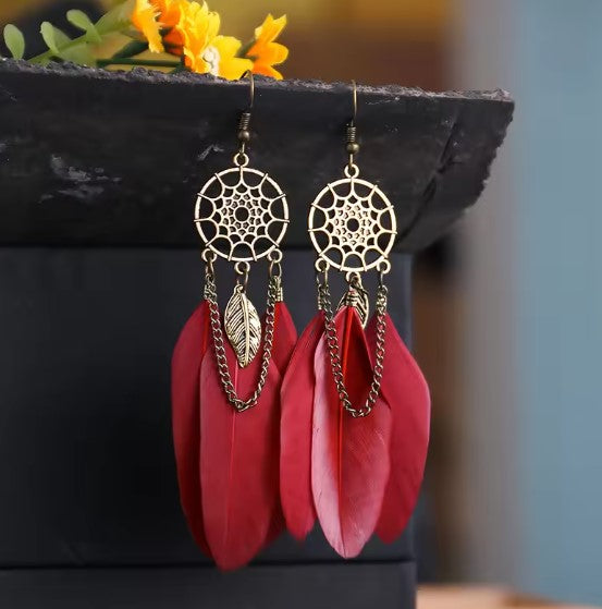 Dreamcatcher Feather Earrings in Antique Gold and Crimson