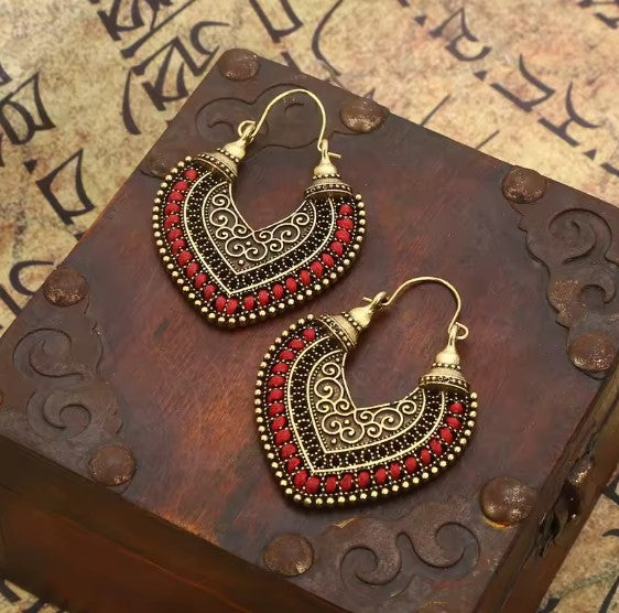 Bohemian Heart Hoop Earrings with Red Accents
