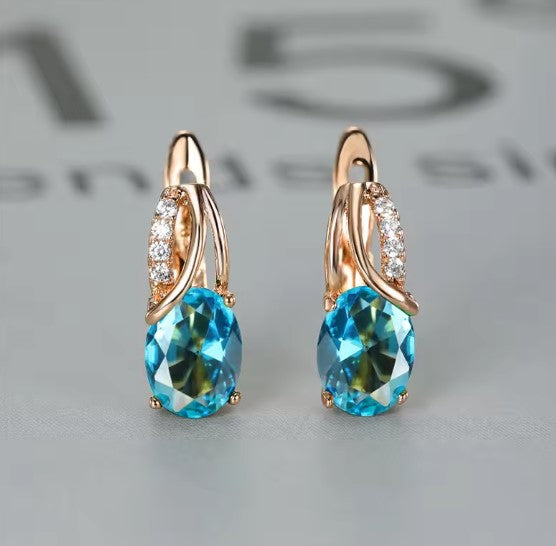 Blue Gemstone Drop Earrings with Rose Gold Accents