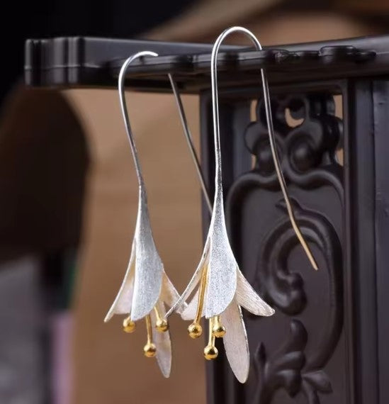 Lily Blossom Drop Earrings with Silver Petals and Gold Accents