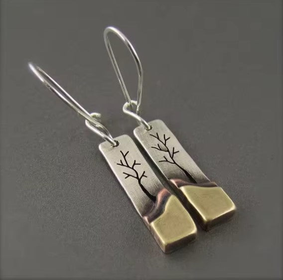 Tree Landscape Dangle Earrings in Silver and Gold Tone