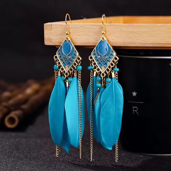 Bohemian Feather Drop Earrings with Gold Detailing