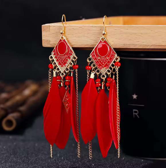 Red Feather Chandelier Earrings with Gold Accents