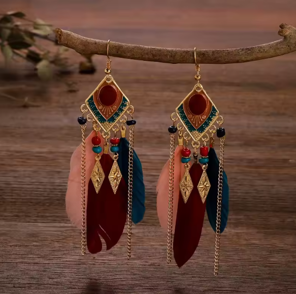 Bohemian Feather Drop Earrings with Gold Accents