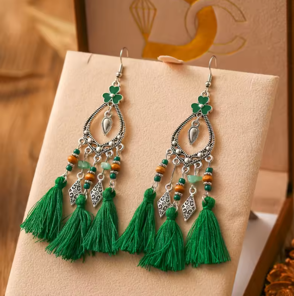 Bohemian Green Tassel Earrings with Floral Motif and Beadwork