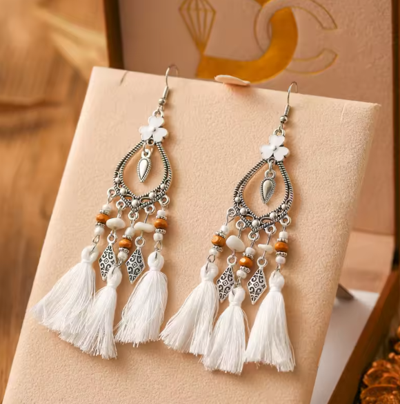 Bohemian Tassel Earrings with Floral Accents and Silver Details