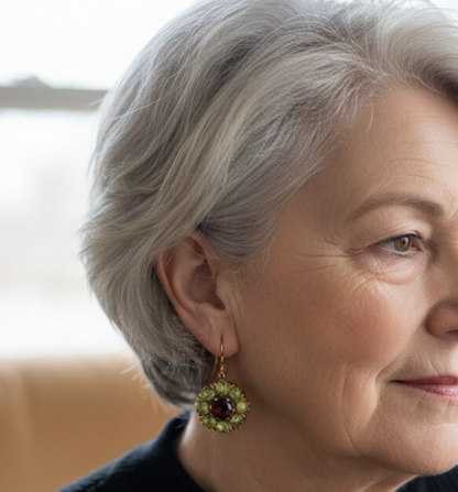 Victorian Gold Drop Earrings with Red and Green Gemstones