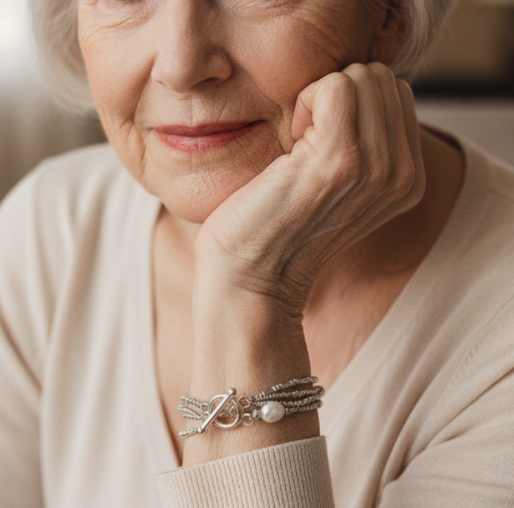 Layered Silver Beaded Bracelet with Pearl Accent