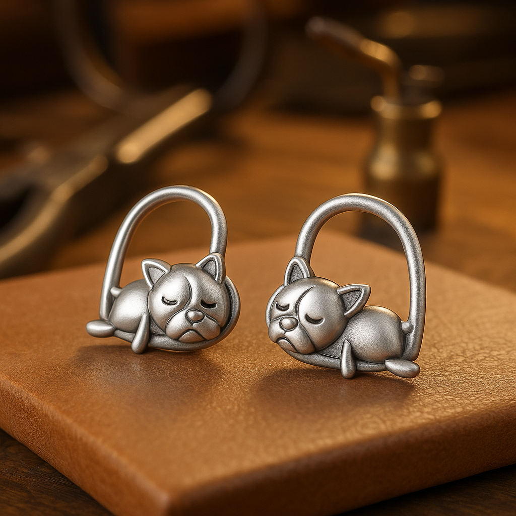 Sleeping Puppy Stud Earrings in Silver Tone