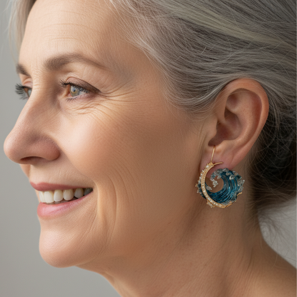 Ocean Wave Hoop Earrings with Crystal Accents