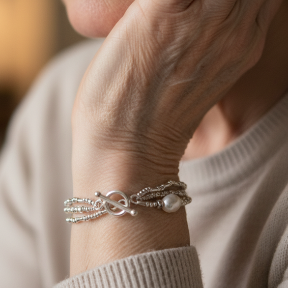 Layered Silver Beaded Bracelet with Pearl Accent