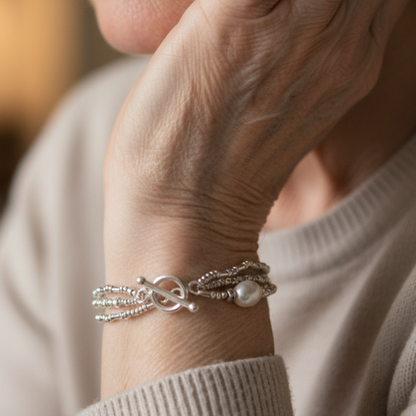 Layered Silver Beaded Bracelet with Pearl Accent