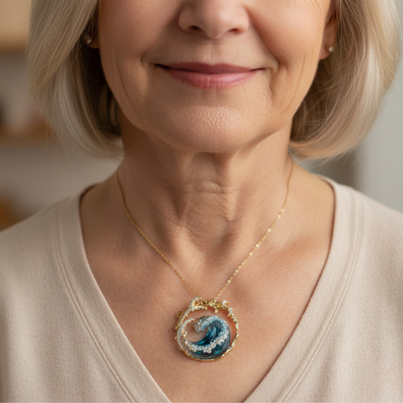 Ocean Wave Pendant Necklace with Gold and Crystals