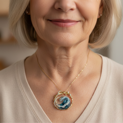 Ocean Wave Pendant Necklace with Gold and Crystals