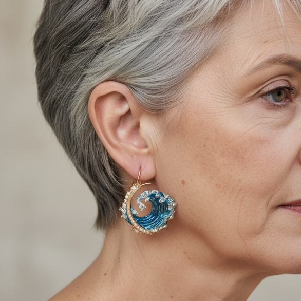 Ocean Wave Hoop Earrings with Crystal Accents