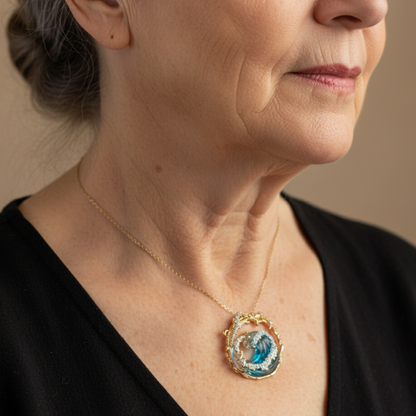 Ocean Wave Pendant Necklace with Gold and Crystals