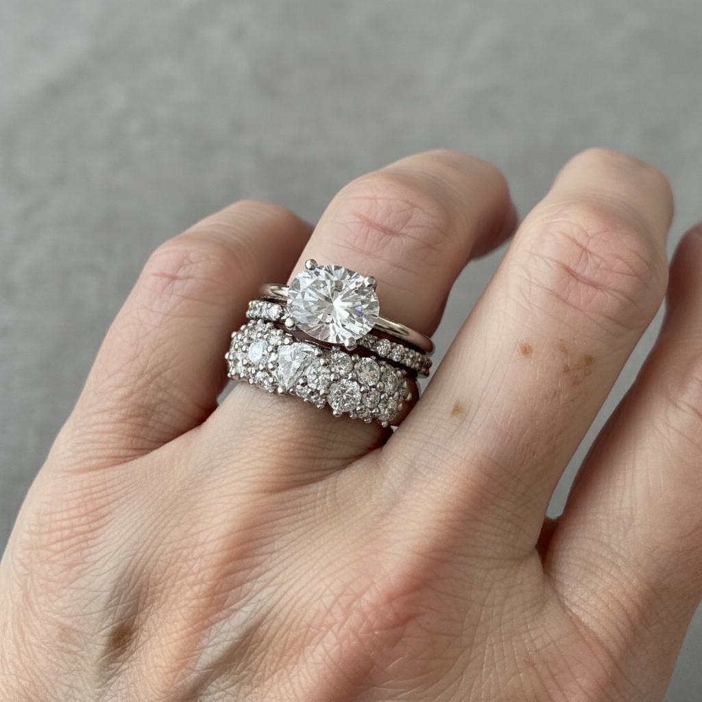 Brilliant Stacked Ring Set with Round and Hexagonal Stones in Gold and Silver Tones