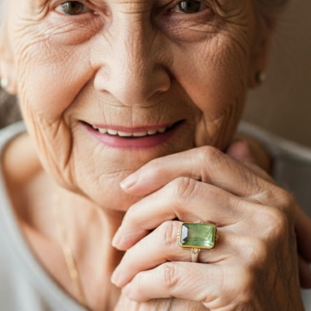 Rectangular Green Gemstone Ring with Gold Frame and Diamond Accents