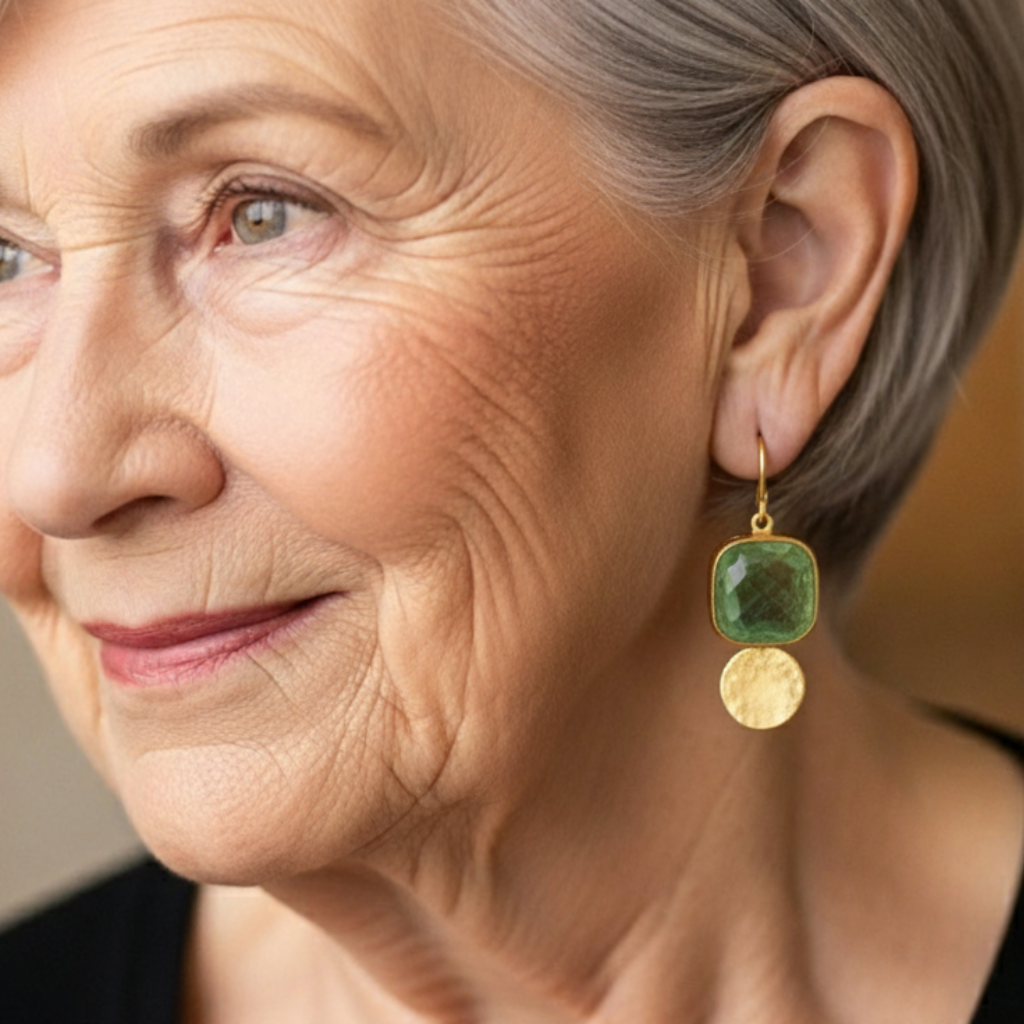 Green Crystal Drop Earrings with Gold Circles